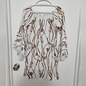 NWT Patti Briggs Michelle Dress White Chain Print Boho Pom Bell Sleeve Size XS